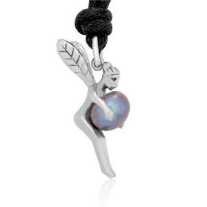 Ziovani Guardian Angel Love Symbol w/ Black Pearl Bead Stainless Steel 