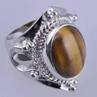 Fancy Tiger`s Eye Gemstone Silver Ring Size 9# R1506  