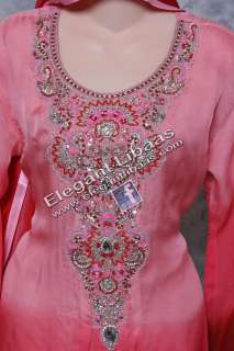   Pakistani Designer Salwar Kameez Anarkali Heavy Work Pink and Red M