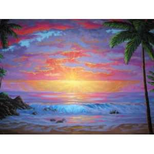 Hawaiian Sunset Acrylic Painting Signed By Artist Ben Saber (Stretched 