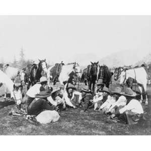   seated in semicircle, with horses behind them grap