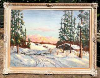 ANTIQUE HUGE WINTER IMPRESSIONIST HORSE CARRIAGE SNOW FARM LISTED OIL 