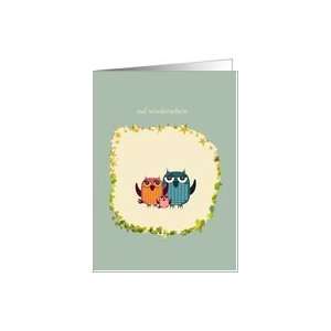   cute owls on frame with stars and leafs, auf wiedersehen german Card