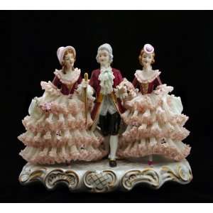 Gorgeous Large German Dresden Lace Porcelain Grouping Three Figurines 