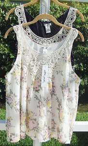 ULTRA PINK BEIGE or BLUE FLORAL LACE FRONT LINED SLEEVELESS TOP BLOUSE 