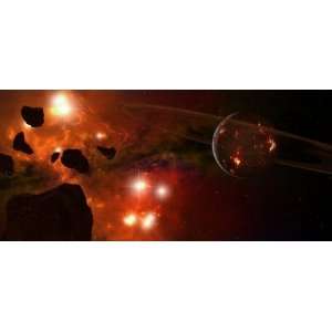 young ringed planet with glowing lava and asteroids in the 