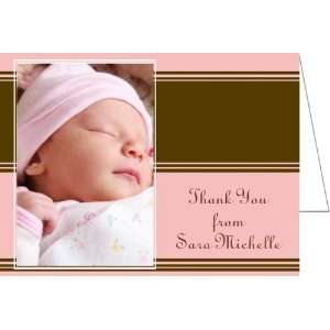 Chocolate and Pink Stripes Baptism Christening Thank You Cards   Set 