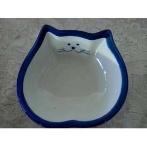   Cobalt Blue and White Ceramic Cat Face Bowl or Dish 