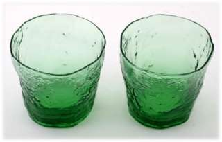   Morgantown Green Crinkle Glass Tumblers Pair Vintage Elegant Art Glass