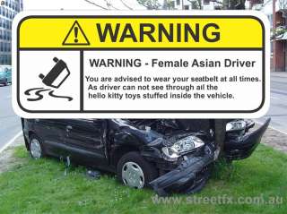 small FEMALE ASIAN DRIVER visor warning funny joke prank sticker by 