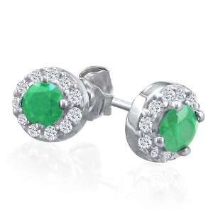 14K White Gold Emerald Stud Earrings With Pave Diamonds (1 
