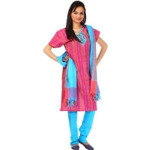  Hot Pink and Turquoise South Cotton Suit with Embroidery 