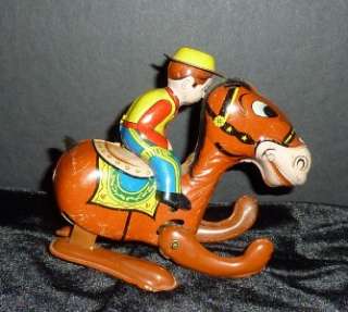 Old Tin Litho Wind Up Bucking Donkey Young Boy Toy Key  
