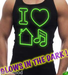 Mens Tank Top I LOVE HOUSE MUSIC Glow In The Dark Neon Green techno 