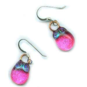 Artisan Fused Art Glass Earrings   Sparkling Blue Dichroic, Pink Glass 