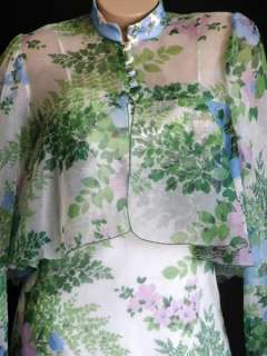 VTG 60s Flowers & Ferns Chiffon Empire Waist Maxi Dress & Jacket Party 