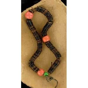    VINTAGE TIBETAN WOOD AND SHERPA CORAL MALA~ 