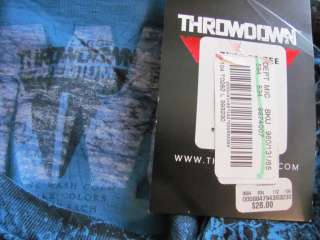 New THROWDOWN Premium Mens Blue S/S Skull Crew Zero Tee Shirt Top 