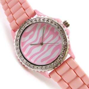 Geneva Silicone Watch Pink Zebra w/rhinestones Lg New  