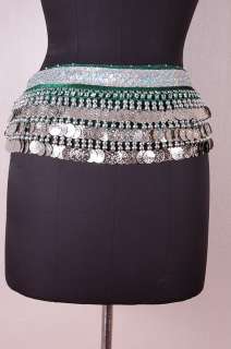 Belly Dance Green Sequined Velvet Silver Coin Hip Scarf  