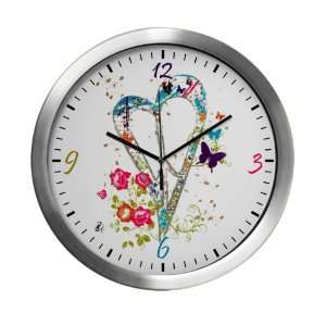   Wall Clock Flowered Butterfly Heart Peace Symbol Sign 