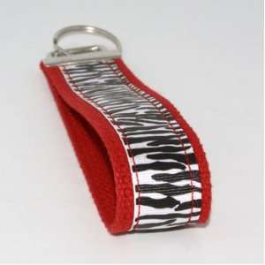  White Zebra Print 6   Red   Fabric Keychain Key Fob Ring 