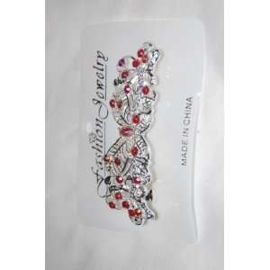 Metal Scroll Butterfly with Red Rhinestones on 3 Silver French Clip 