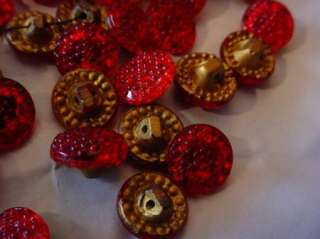 68 Small Vintage Ruby Glass Textured BUTTONS with Brass Color Backing 