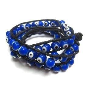   Wrap around Bracelet with Blue Evil Eye Beads   Adjustable Jewelry