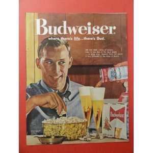  Budweiser Beer,1960 print advertisement (happy man,popcorn 
