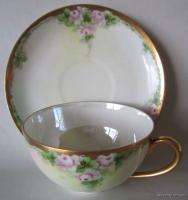 Antique GERMANY Dainty hand painted Pink Roses Cup & Saucer w/ Luster 