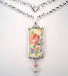 ROSE CHINTZ NECKLACE BROKEN CHINA VINTAGE CHARM JEWELRY BY 
