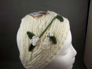   White knit flower floral ear warmer muff head band wrap crochet  