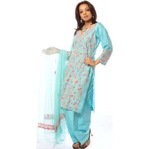 Cyan Ari Embroidered Suit from Kashmir with Chiffon Dupatta   Pure 