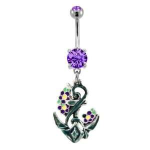 14G 3/8 Tanzanite Color Prong Set with Tattoo Inspired Anchor with 
