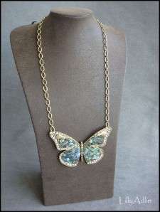 Fossil Brand Gold Blue Bayou Abalone Butterfly Necklace Beautiful 