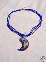 Art Glass Crescent Moon Necklace  Cobalt Blue & Colors  