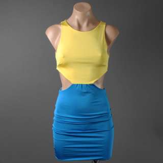 Sexy Yellow Blue Color Block Side Cut Out Bright Cling Party Dress 