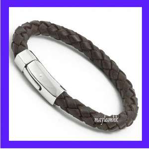 Men GENUINE Brown Stainless Steel Braided LEATHER Cuff Wristband 