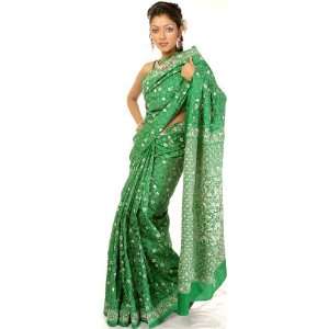 Islamic Green Kantha Sari with Hand Embroidered Flowers   Pure Silk
