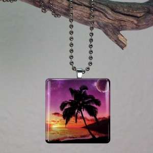 Palm Tree Sunset Beach Moon Glass Tile Pendant 232  