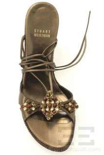 Stuart Weitzman Bronze Leather Jeweled Strappy Wedge Sandals Size 7M 