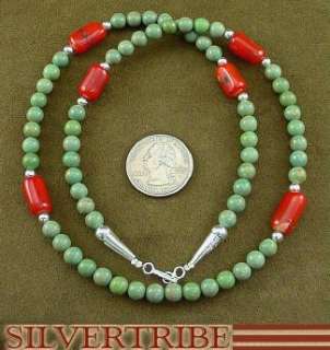 Navajo Kingman Turquoise Coral Bead Silver Necklace  