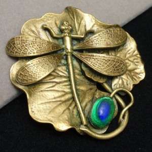   Art Nouveau Brooch Glass Peacock Eye Lily Pad Vintage Insect  