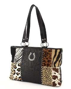BLACK LEATHER WESTERN Zebra Leopard Handbag Wallet Set  