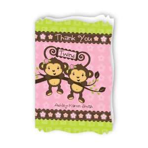  Twin Monkey Girls   Personalized Baby Thank You Cards With 