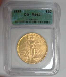1925 US St. Gaudens $20 Twenty Dollar Double Eagle Gold Coin ICG MS62 