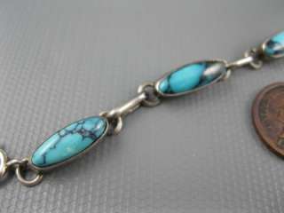 Navajo Old Pawn Bisbee Turquoise Link Bracelet w/Feather Charm Signed 