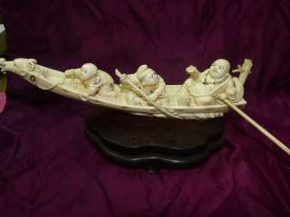 FINE CHINESE HAND CARVED OX BONE FIGURE OF 3 BUDDHA ON SHIP WITH 