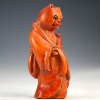 Oriental Vintage Handwork Carving Wood Demon cat Netsuke 440032  